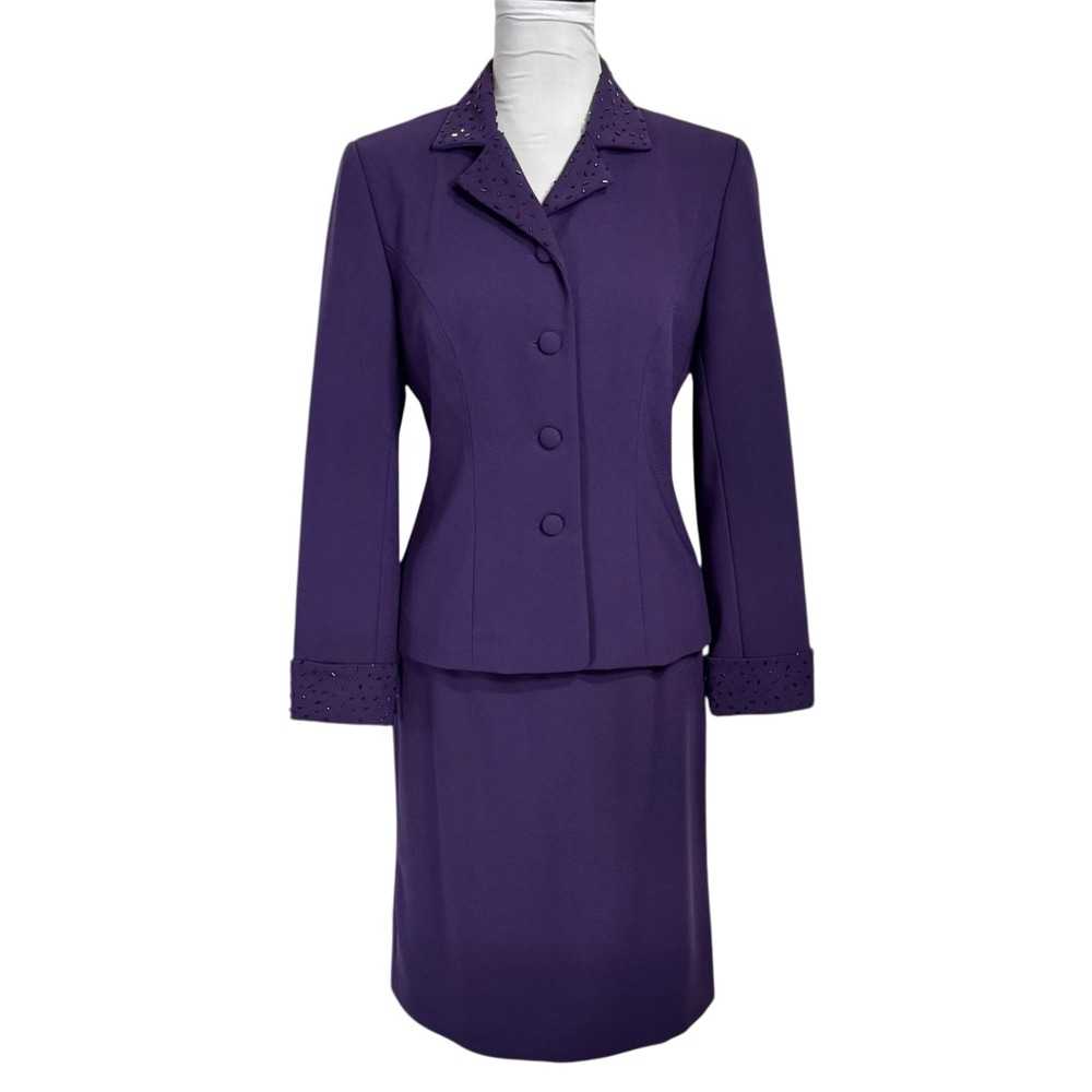 VTG Talbots Crepe Skirt Suit Size 4 P 2 Pc Purple‎ Beaded Blazer Set Wedding 90s